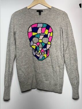 Aqua Cashmere Gray Colorful Skull Crewneck 100% Cashmere Sweater Sz Small